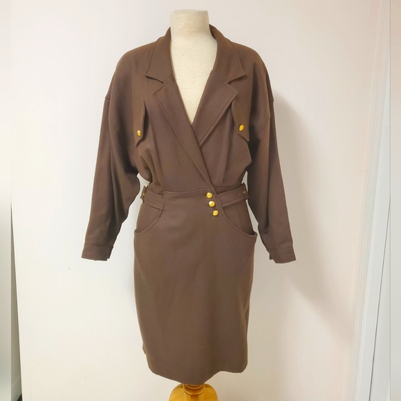 Olive Green 80s Coat Dress One-Piece - Picture 1 of 7